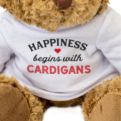 HAPPINESS BEGINS WITH CARDIGANS - Teddy Bear - Cute Cosy - Funny Gift Present
