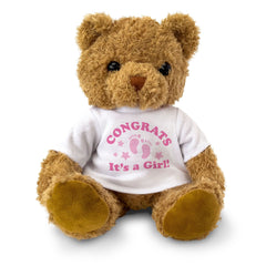 CONGRATS IT'S A GIRL! - Cute Cuddly Soft Adorable - Teddy Bear - Gender Reveal Gift Present