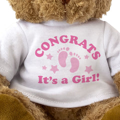 CONGRATS IT'S A GIRL! - Cute Cuddly Soft Adorable - Teddy Bear - Gender Reveal Gift Present