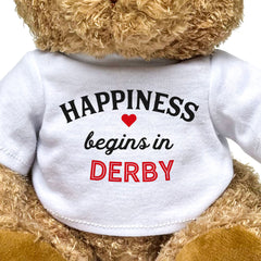 HAPPINESS BEGINS IN DERBY - Teddy Bear - Cute Cuddly Soft - Gift Present