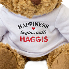 HAPPINESS BEGINS WITH HAGGIS - Teddy Bear - Cute - Funny Scottish Gift Present