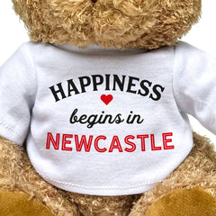 HAPPINESS BEGINS IN NEWCASTLE - Teddy Bear - Cute Cuddly Soft - Gift Present