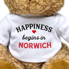 HAPPINESS BEGINS IN NORWICH - Teddy Bear - Cute Cuddly Soft - Gift Present
