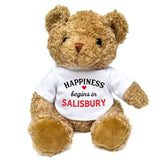 HAPPINESS BEGINS IN SALISBURY - Teddy Bear - Cute Cuddly Soft - Gift Present