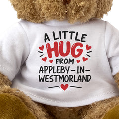 Close-up of the two-line A Little Hug From Appleby-in-Westmorland T-shirt design