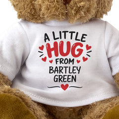 Close-up of the two-line A Little Hug From Bartley Green T-shirt design