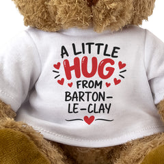 Close-up of the two-line A Little Hug From Barton-le-Clay T-shirt design