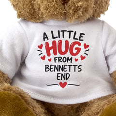 Close-up of the two-line A Little Hug From Bennetts End T-shirt design