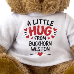 Close-up of the two-line A Little Hug From Buckhorn Weston T-shirt design