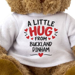 Close-up of the two-line A Little Hug From Buckland Dinham T-shirt design