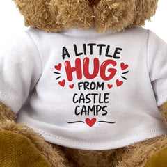 Close-up of the two-line A Little Hug From Castle Camps T-shirt design