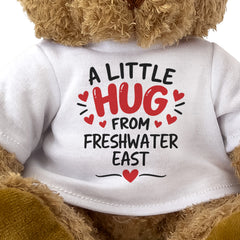Close-up of the two-line A Little Hug From Freshwater East T-shirt design