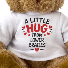 Close-up of the two-line A Little Hug From Lower Brailes T-shirt design