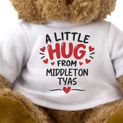 Close-up of the two-line A Little Hug From Middleton Tyas T-shirt design