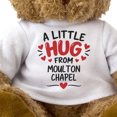 Close-up of the two-line A Little Hug From Moulton Chapel T-shirt design