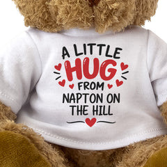 Close-up of the two-line A Little Hug From Napton on the Hill T-shirt design