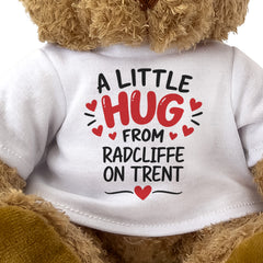 Close-up of the two-line A Little Hug From Radcliffe on Trent T-shirt design