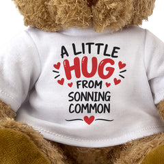 Close-up of the two-line A Little Hug From Sonning Common T-shirt design