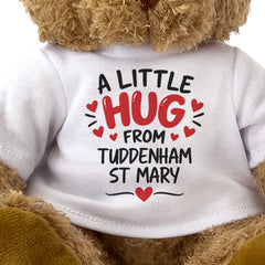 Close-up of the two-line A Little Hug From Tuddenham St Mary T-shirt design