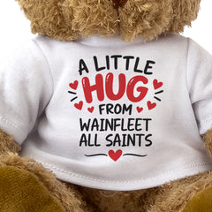 Close-up of the two-line A Little Hug From Wainfleet All Saints T-shirt design