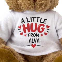 Close-up of the A Little Hug From Alva T-shirt design