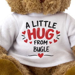 Close-up of the A Little Hug From Bugle T-shirt design