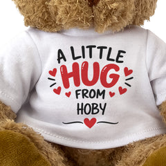 Close-up of the A Little Hug From Hoby T-shirt design