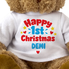 Closeup of the Happy 1st Christmas Demi T-shirt design