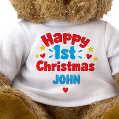 Closeup of the Happy 1st Christmas John T-shirt design
