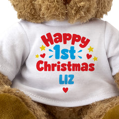 Closeup of the Happy 1st Christmas Liz T-shirt design