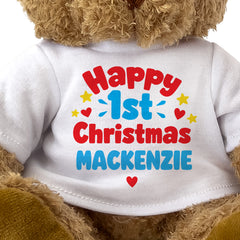 Closeup of the Happy 1st Christmas Mackenzie T-shirt design
