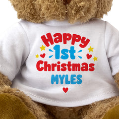 Closeup of the Happy 1st Christmas Myles T-shirt design