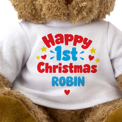 Closeup of the Happy 1st Christmas Robin T-shirt design