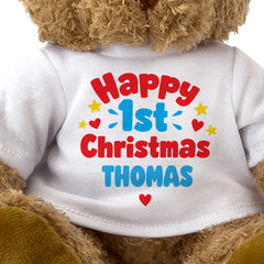 Closeup of the Happy 1st Christmas Thomas T-shirt design