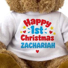 Closeup of the Happy 1st Christmas Zachariah T-shirt design
