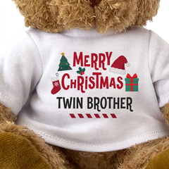 MERRY CHRISTMAS TWIN BROTHER - Teddy Bear - Cute Cuddly Soft - Xmas Gift Present