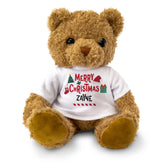 Merry Christmas Zayne brown teddy bear wearing a white T-shirt