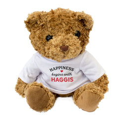HAPPINESS BEGINS WITH HAGGIS - Teddy Bear - Cute - Funny Scottish Gift Present