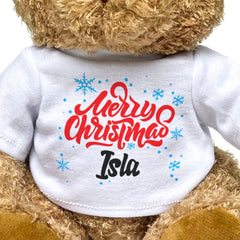 MERRY CHRISTMAS ISLA - Teddy Bear - Cute Cuddly Soft - Xmas Gift Present