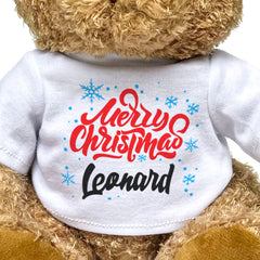 MERRY CHRISTMAS LEONARD - Teddy Bear - Cute Cuddly Soft - Xmas Gift Present