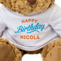 HAPPY BIRTHDAY NICOLA - Teddy Bear - Cute Cuddly Soft - Funny Gift Present