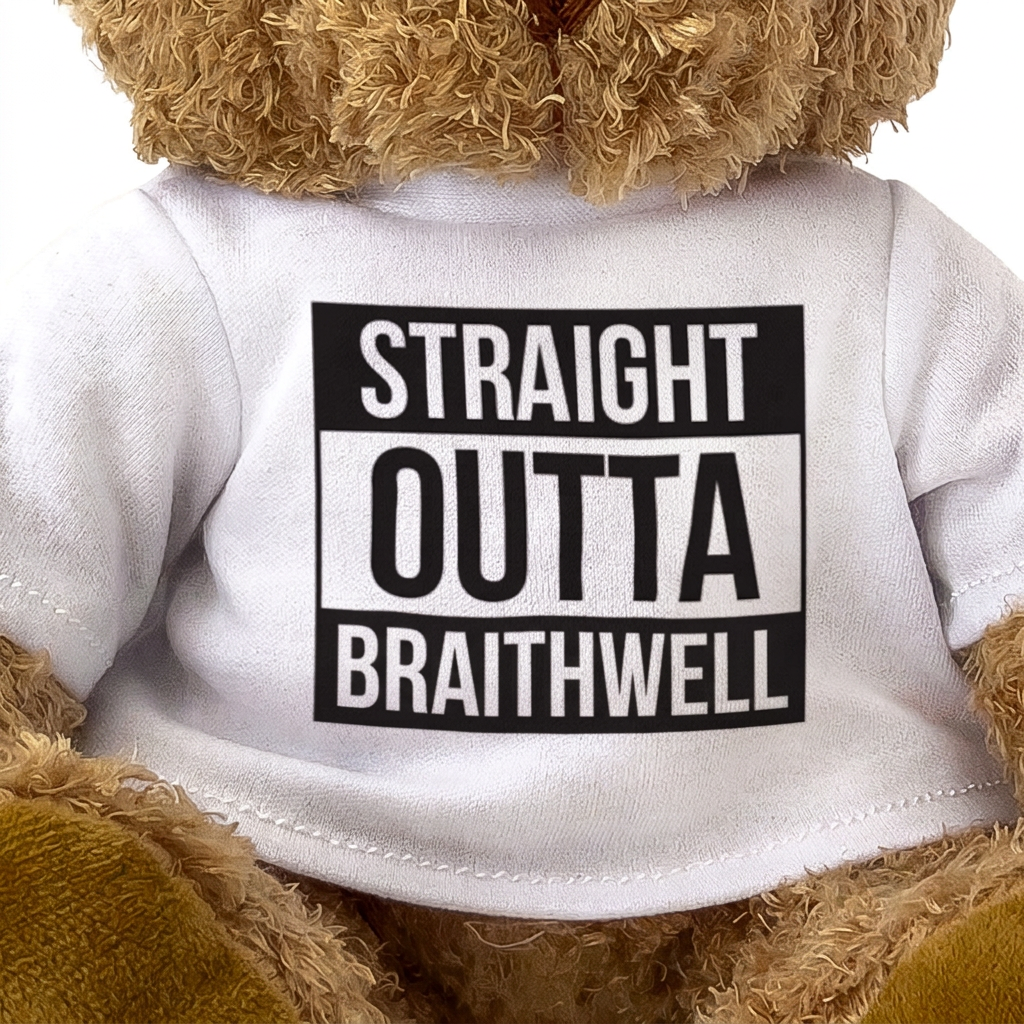 Straight Outta Braithwell teddy bear, shirt design close-up