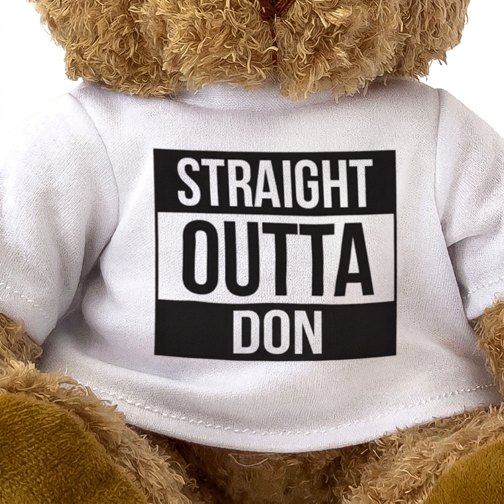 Straight Outta Don teddy bear, shirt design close-up