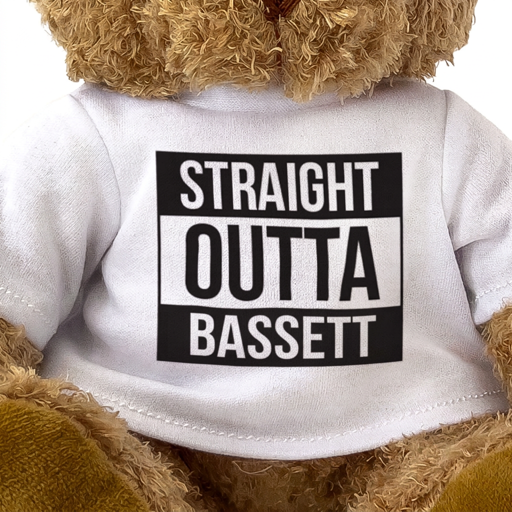 Straight Outta Bassett teddy bear, shirt design close-up