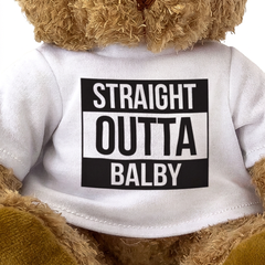 Straight Outta Balby teddy bear, shirt design close-up