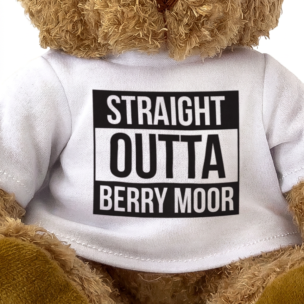Straight Outta Berry Moor teddy bear, shirt design close-up