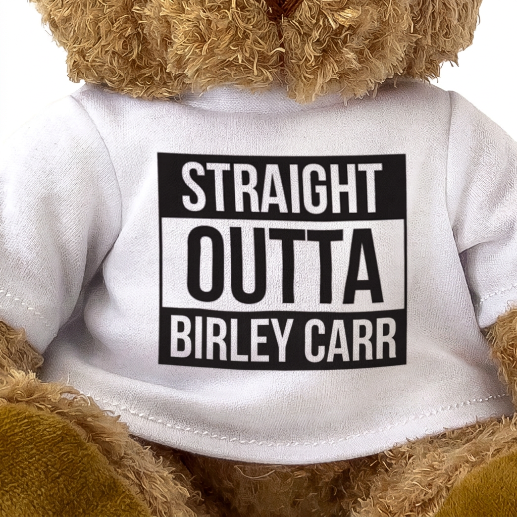 Straight Outta Birley Carr teddy bear, shirt design close-up