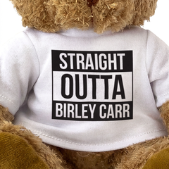 Straight Outta Birley Carr teddy bear, shirt design close-up