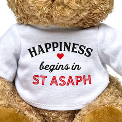 HAPPINESS BEGINS IN ST ASAPH - Teddy Bear - Cute Cuddly Soft - Gift Present