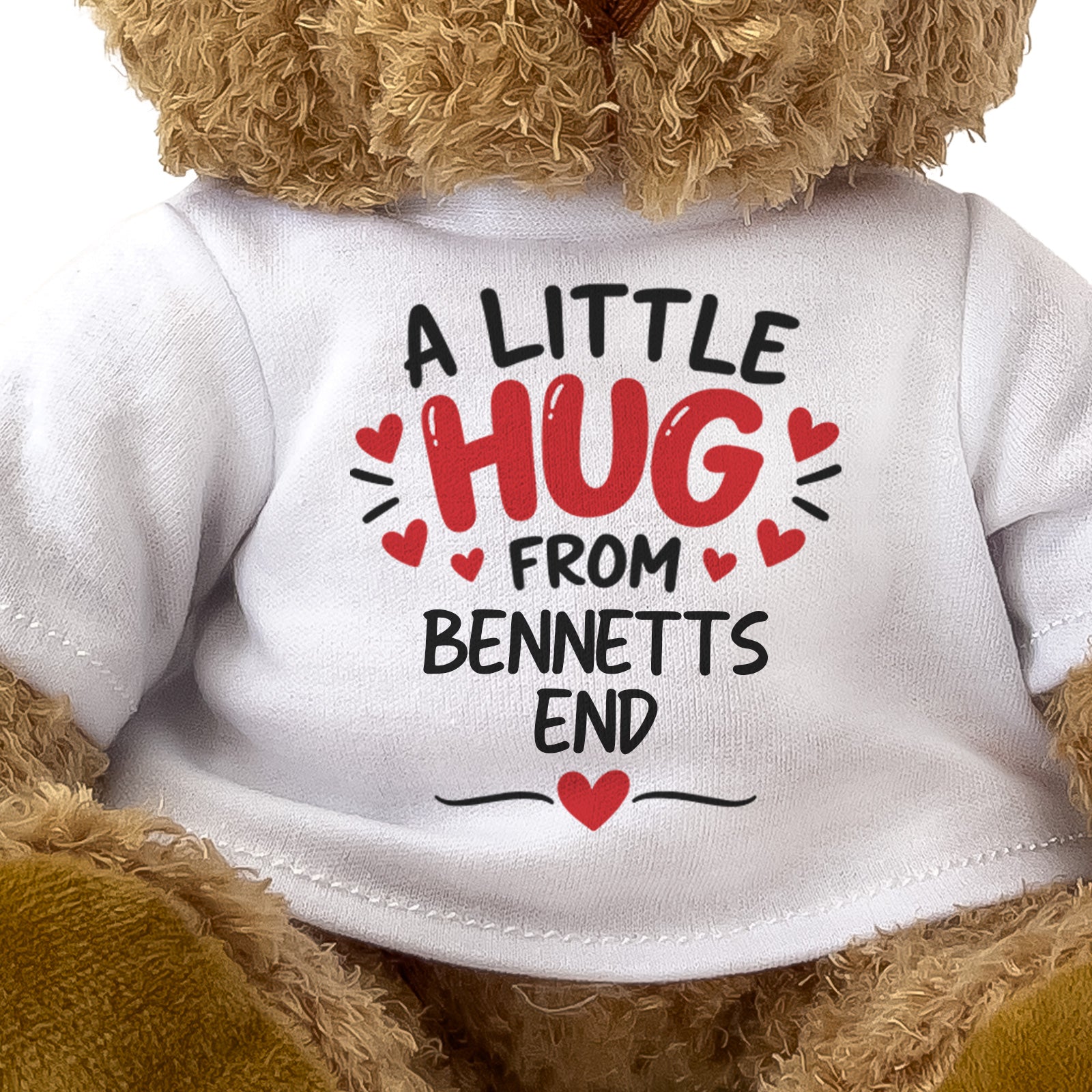 Close-up of the two-line A Little Hug From Bennetts End T-shirt design